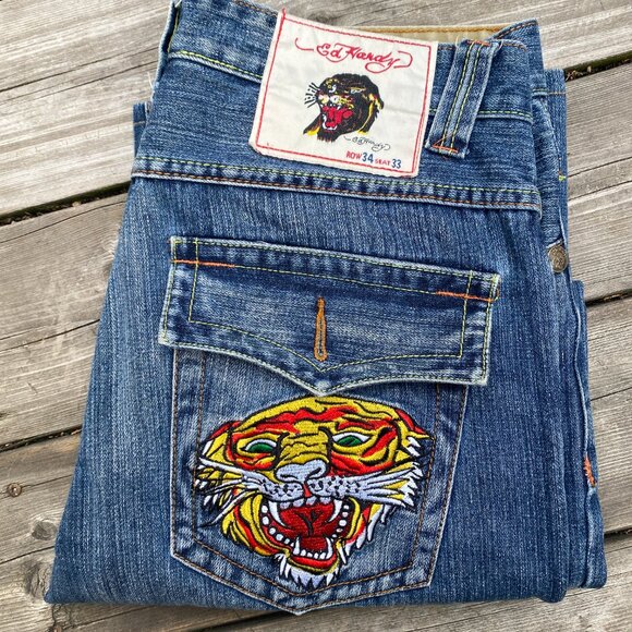 Vintage Ed Hardy Embroidered Jeans By Christian Audigier Vintage Tattoo Wear 34 - Picture 2 of 11